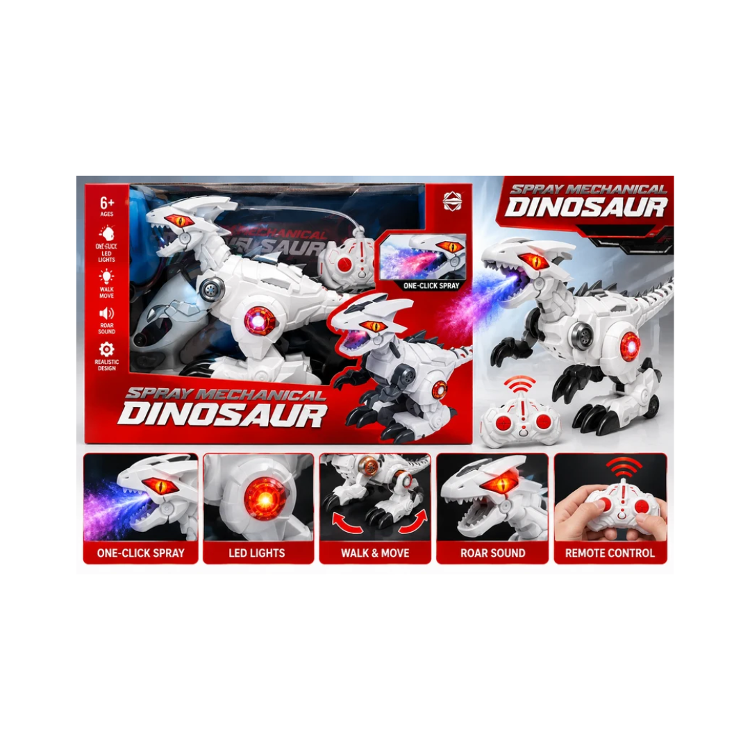 Spray Mechanical Dinosaur Robot Toy for Kids | Remote Control Robotic Dragon with Mist Spray, Lights & Sound Effects | White