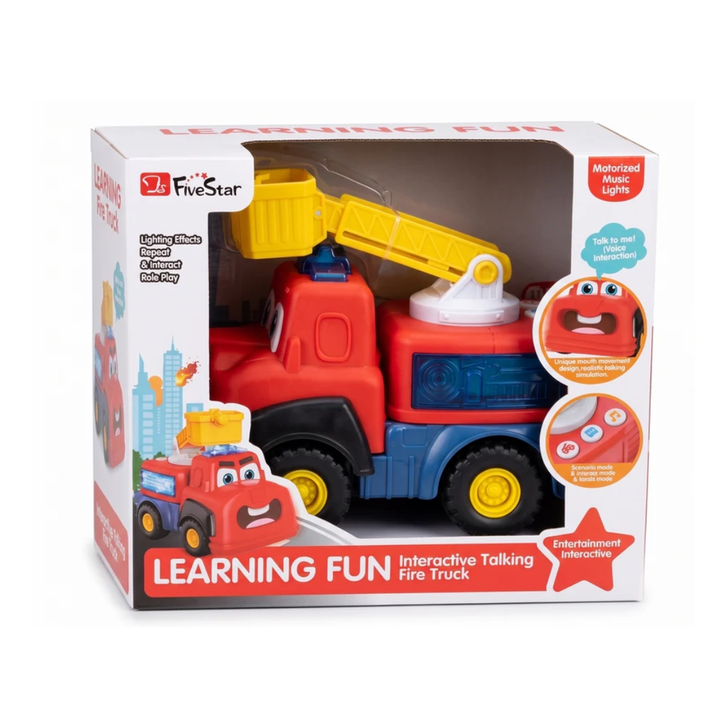 FiveStar Interactive Talking Fire Truck Toy with Moving Mouth, Music & Rescue Crane