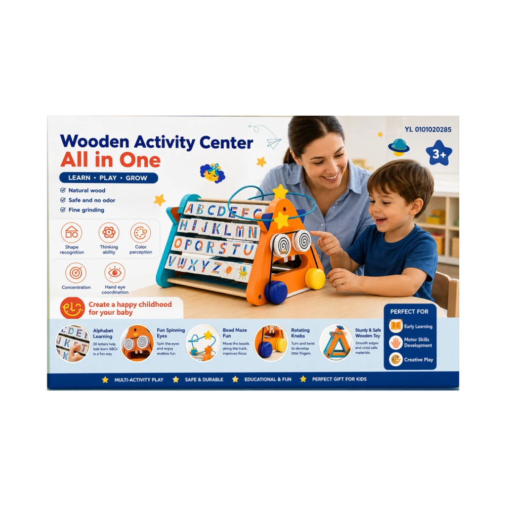 Wooden Activity Center All-in-One Alphabet Learning & Motor Skills Toy for Kids