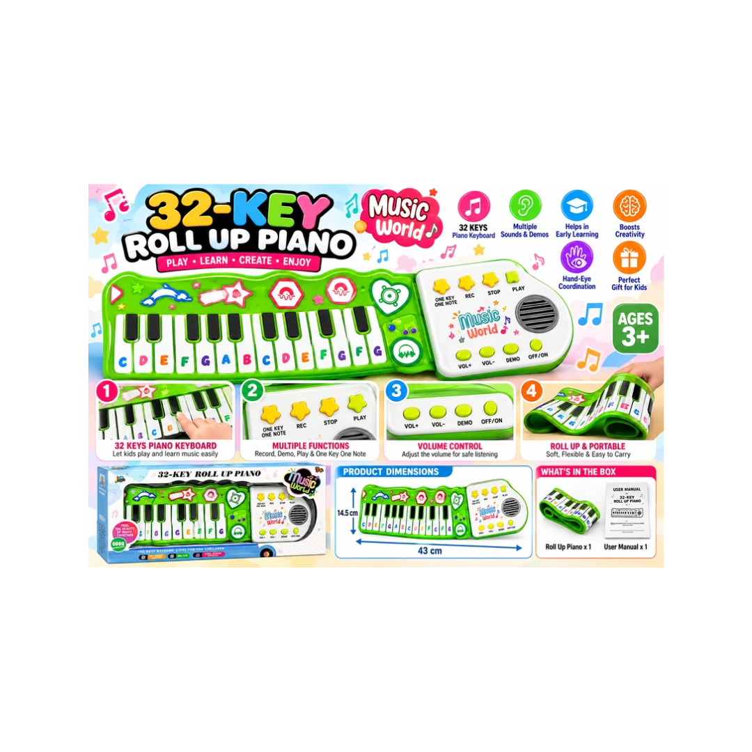 32-Key Roll-Up Piano Keyboard for Kids | Portable Musical Piano with Record, Play & Demo Functions | 3+ Years