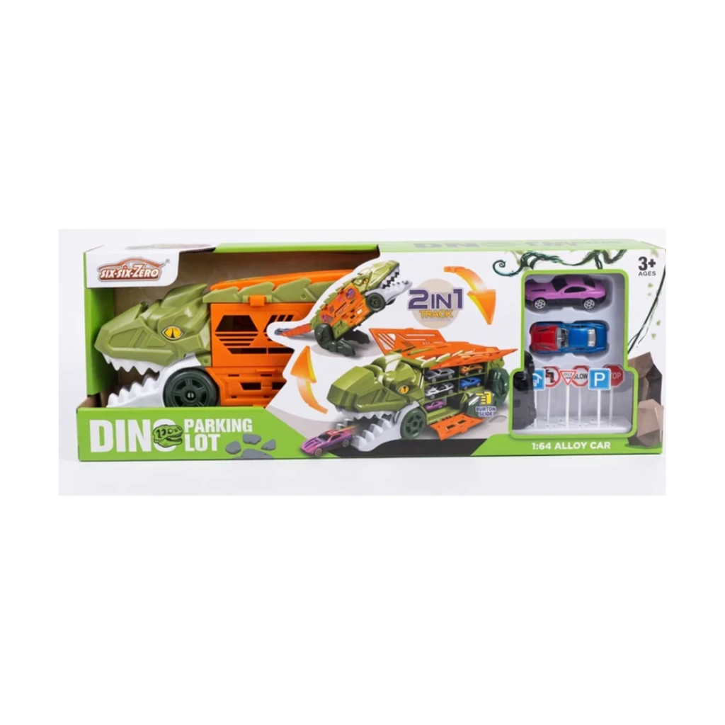 Dino Parking Lot 2-in-1 Transforming Dinosaur Car Carrier Truck Playset with Alloy Cars