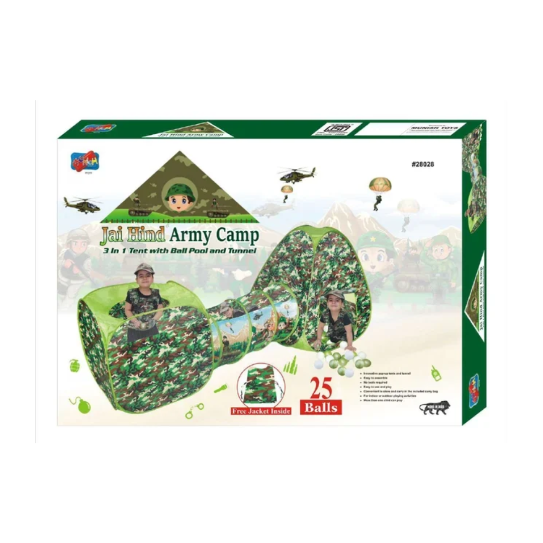 Balak Army Camp Jai Hind 3 in 1 Tunnel With Ball Pool And Tent  With 25 Balls And Military Jacket