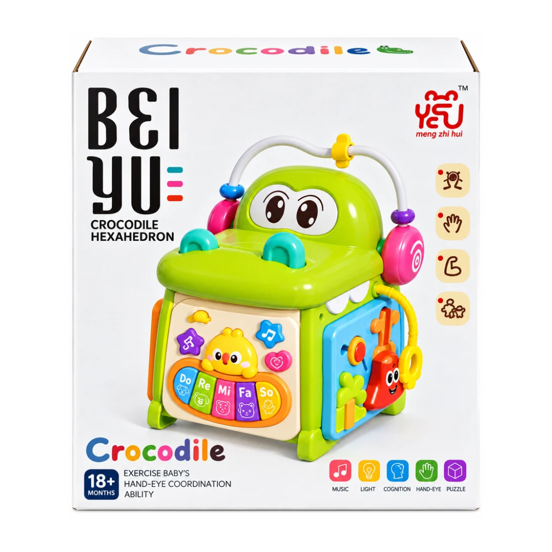 BEI YU Crocodile Hexahedron Activity Cube for Kids Ages 18 Months+ | 6-Sided Musical Learning Toy with Piano, Shape Sorting & Fine Motor Skill Activities