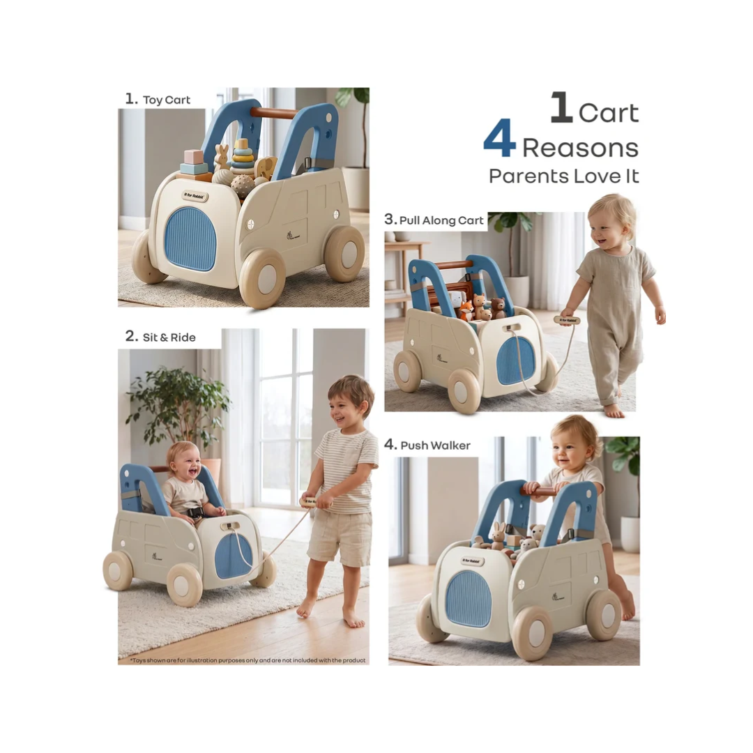 R for Rabbit Kiddie Kart 4-in-1 Kids Toy Storage Cart, Sit & Ride, Push Walker & Pull Along with Adjustable Handlebar – Grey Blue