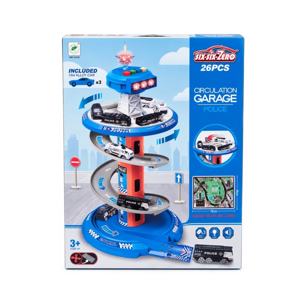 Six-Six-Zero 26 PCS Police Circulation Garage Playset with 3 Alloy Cars