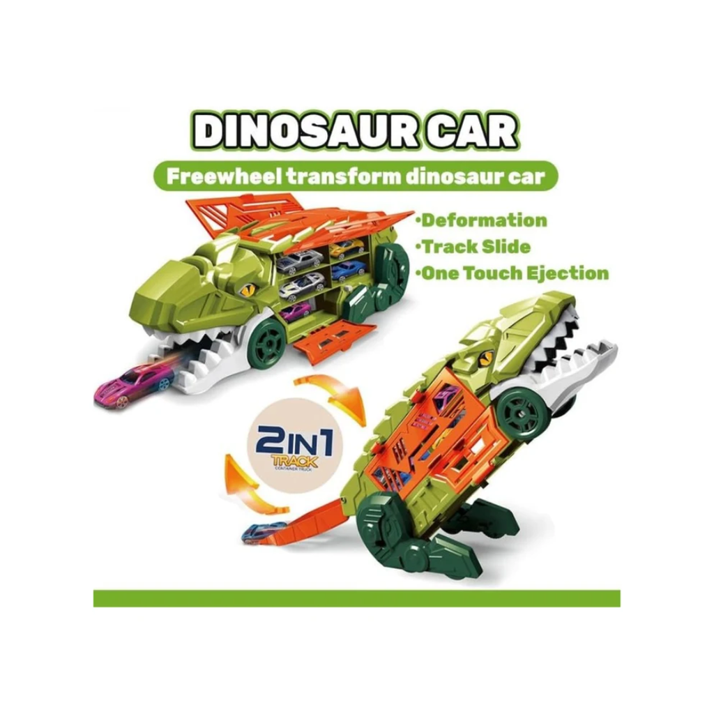 Dino Parking Lot 2-in-1 Transforming Dinosaur Car Carrier Truck Playset with Alloy Cars