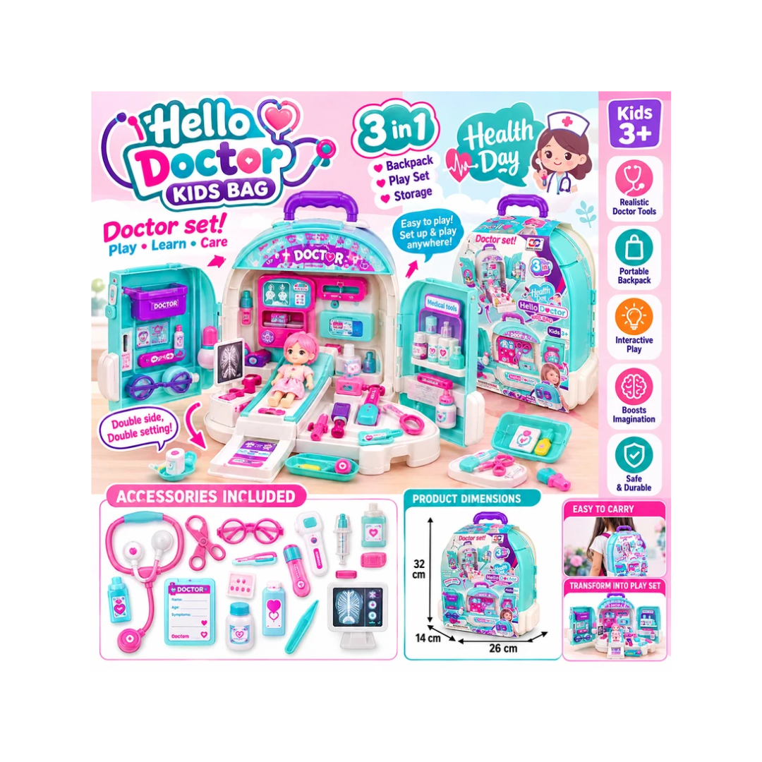 3-in-1 Kids Doctor Play Set Backpack | Portable Medical Kit & Hospital Pretend Play Set | 3+ Years