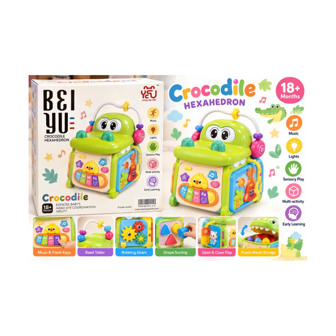 BEI YU Crocodile Hexahedron Activity Cube for Kids Ages 18 Months+ | 6-Sided Musical Learning Toy with Piano, Shape Sorting & Fine Motor Skill Activities