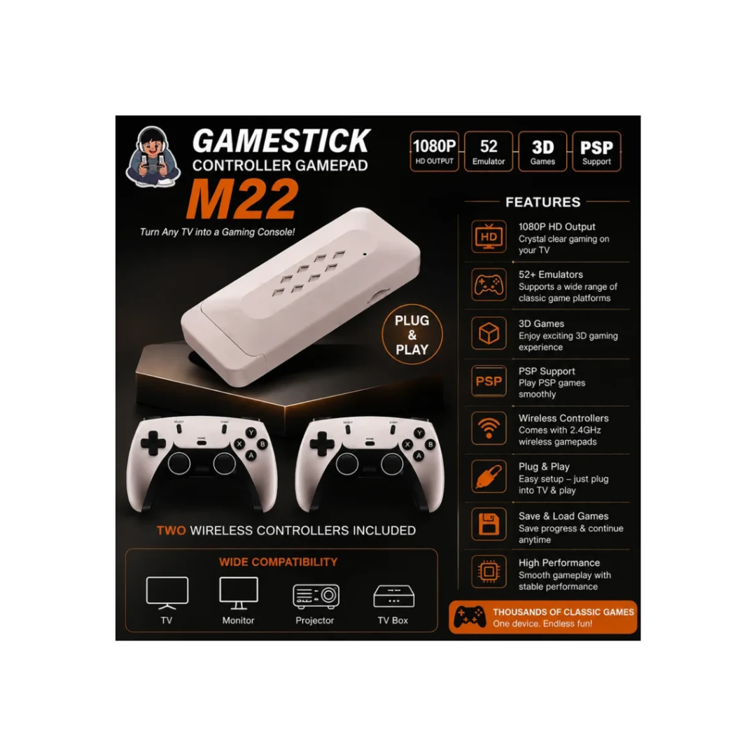 M22 Retro Game Stick Console with Dual Wireless Controllers – 1080P HD Gaming