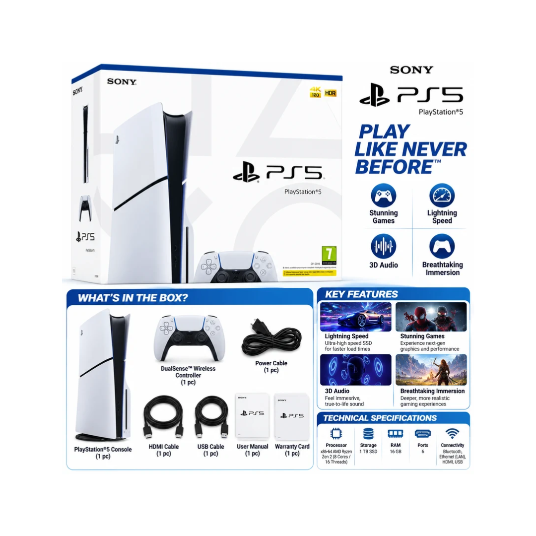 Sony PlayStation 5 Slim Disc Edition Gaming Console | 1TB SSD | PS5 with Wireless DualSense Controller