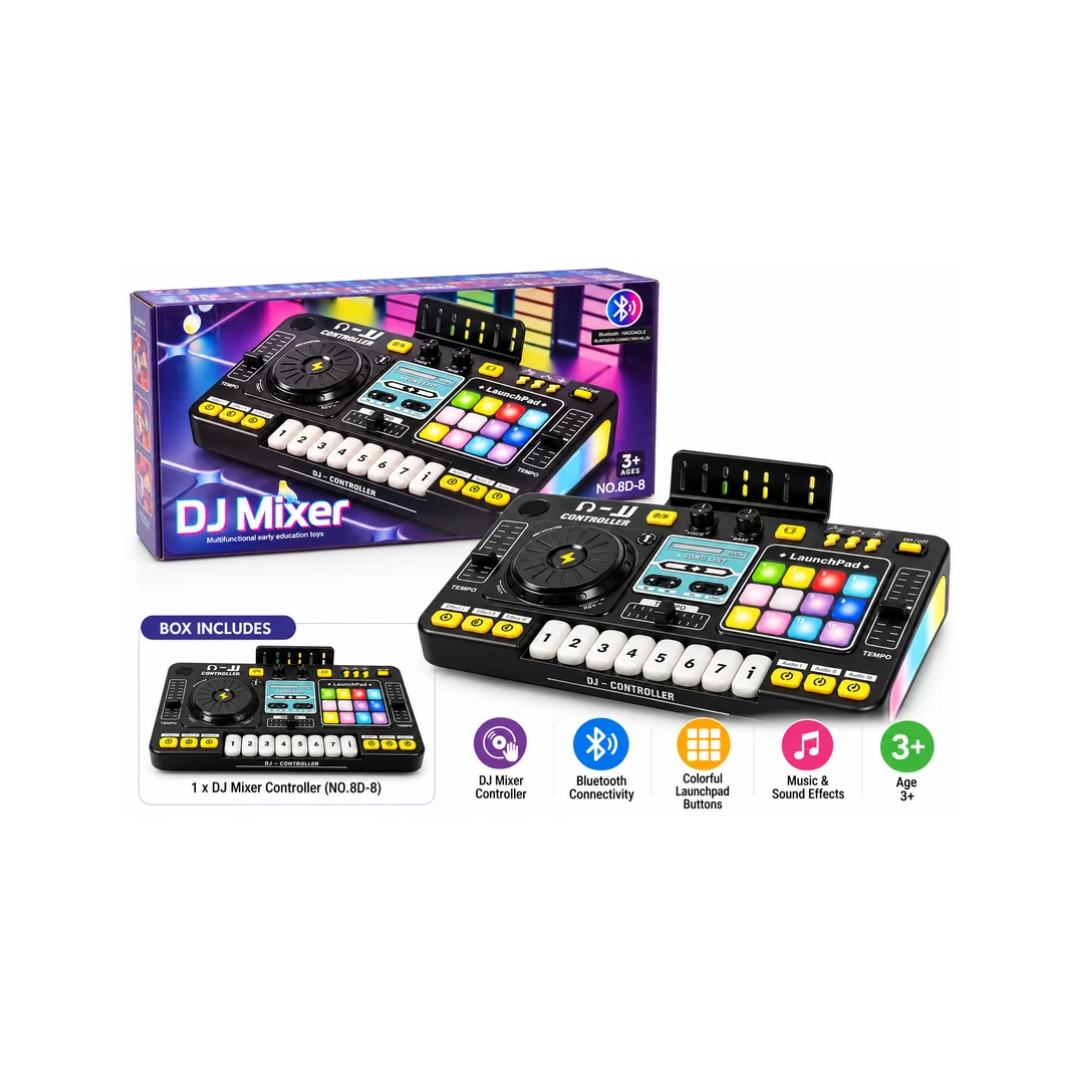 DJ Mixer Toy with Bluetooth Connectivity, Music Keyboard & Light-Up Launchpad for Kids 3+ Years