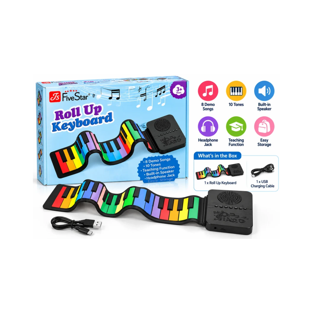 Roll Up Keyboard for Kids – Portable Flexible Piano with 8 Demo Songs, 10 Tones & Built-in Speaker, Ages 3+