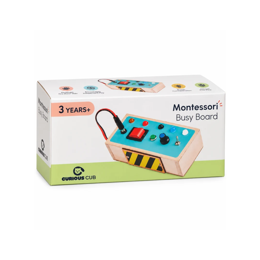 Curious Cub Montessori Busy Board for Toddlers – Switches, Buttons & Lights Activity Toy