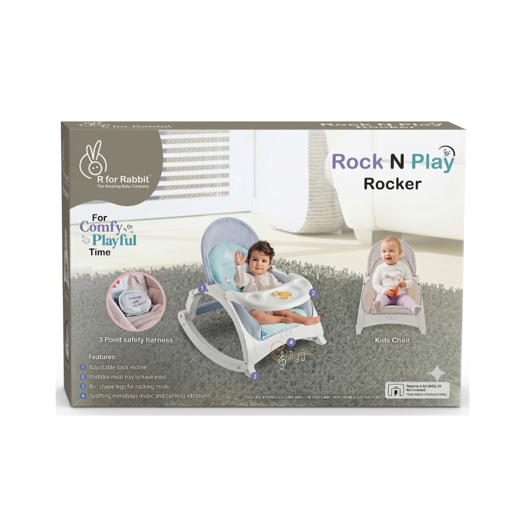 R For Rabbit 3 in 1 Rock N Play Rocker - Adjustable Backrest Recline, Detachable Toy Bar, Soothing Music & Vibration, Adjustable Cream Grey