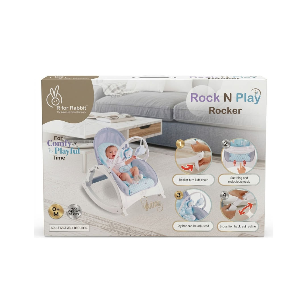 R For Rabbit 3 in 1 Rock N Play Rocker - Adjustable Backrest Recline, Detachable Toy Bar, Soothing Music & Vibration, Adjustable Cream Grey