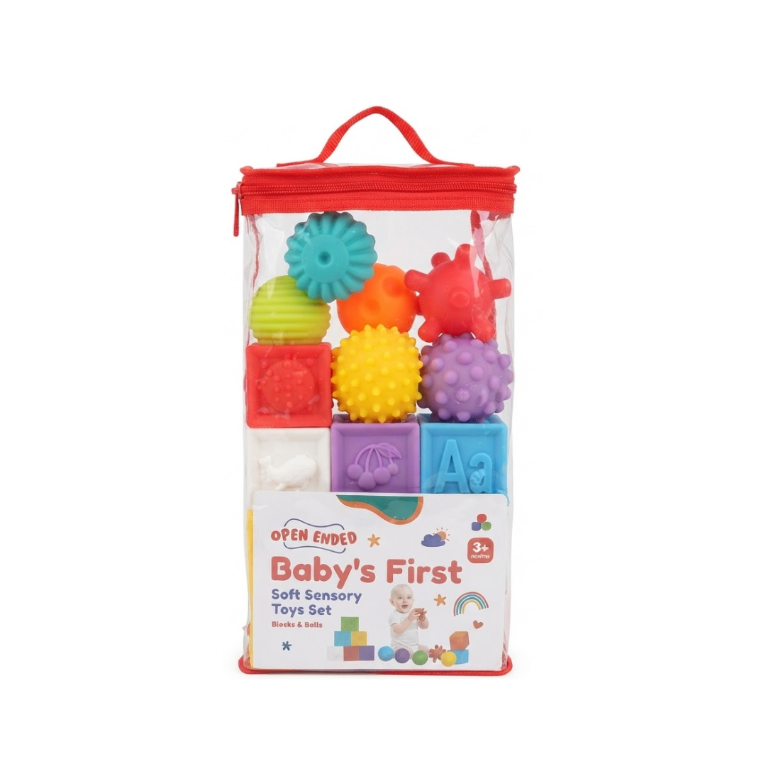 Open Ended Baby's First Soft Sensory Toy Set -Balls & Blocks (14 Pieces)