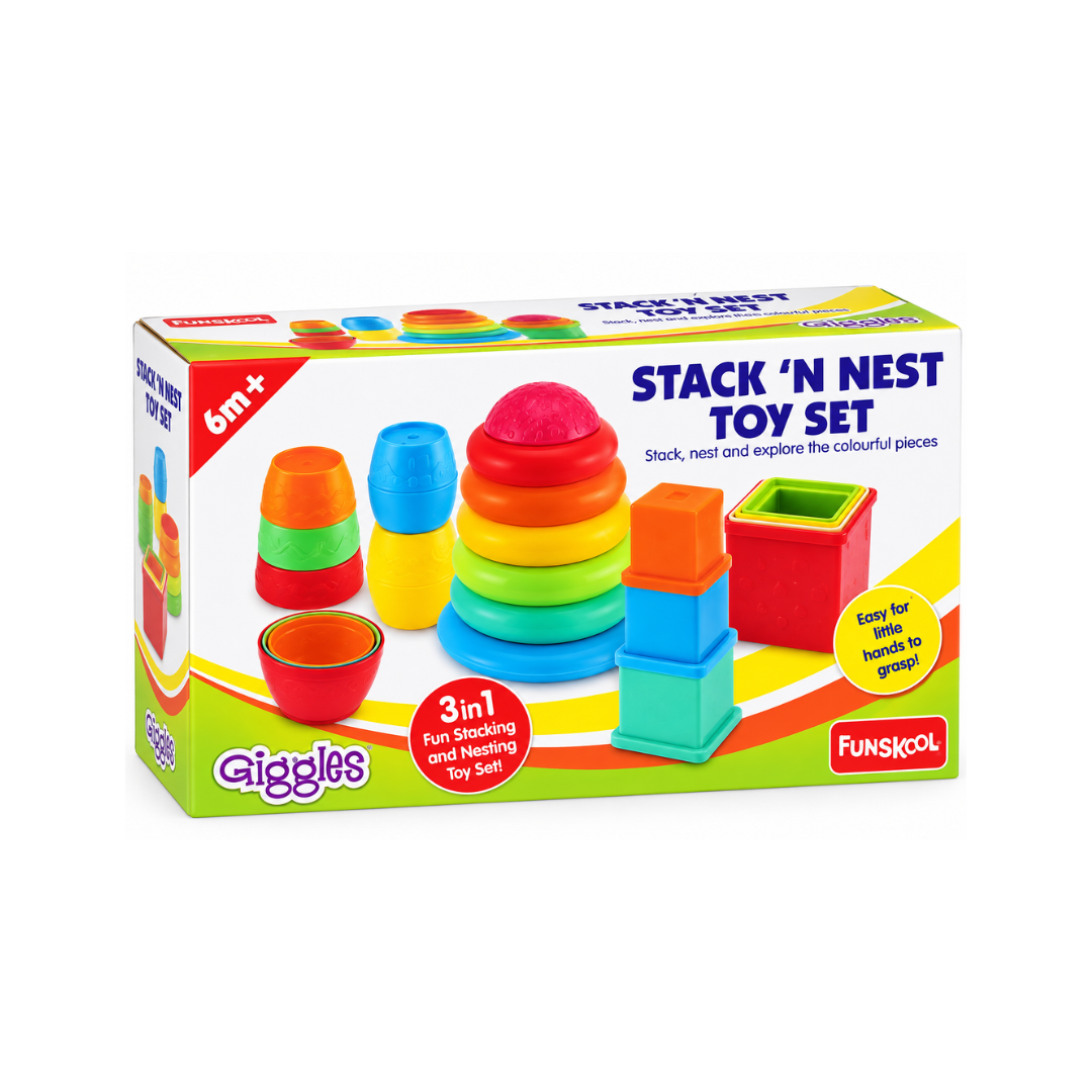 Funskool Giggles Stack ‘N Nest 3-in-1 Toy Set – Colourful Stacking & Nesting Toy for Babies
