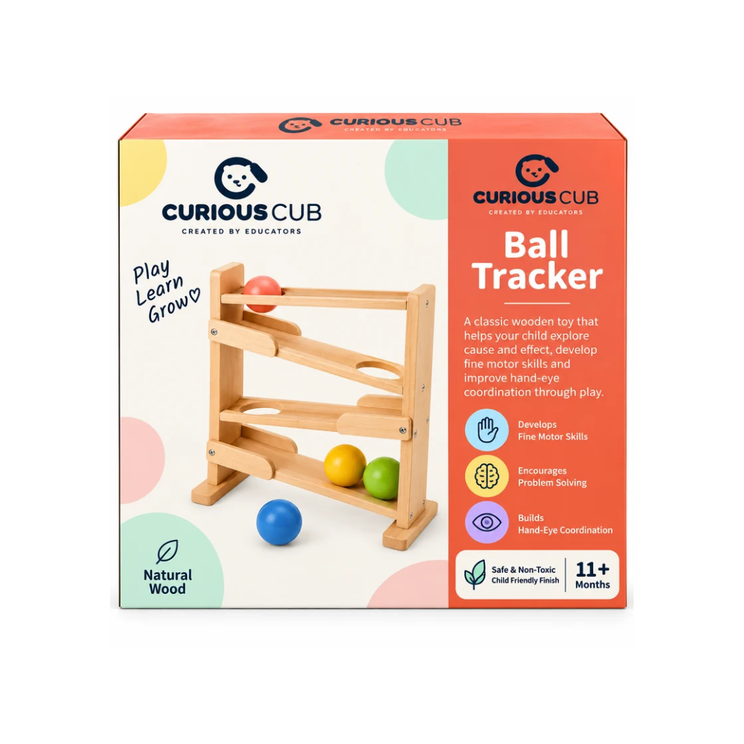 Curious Cub Wooden Ball Tracker – Montessori Rolling Ball Track Toy for Toddlers
