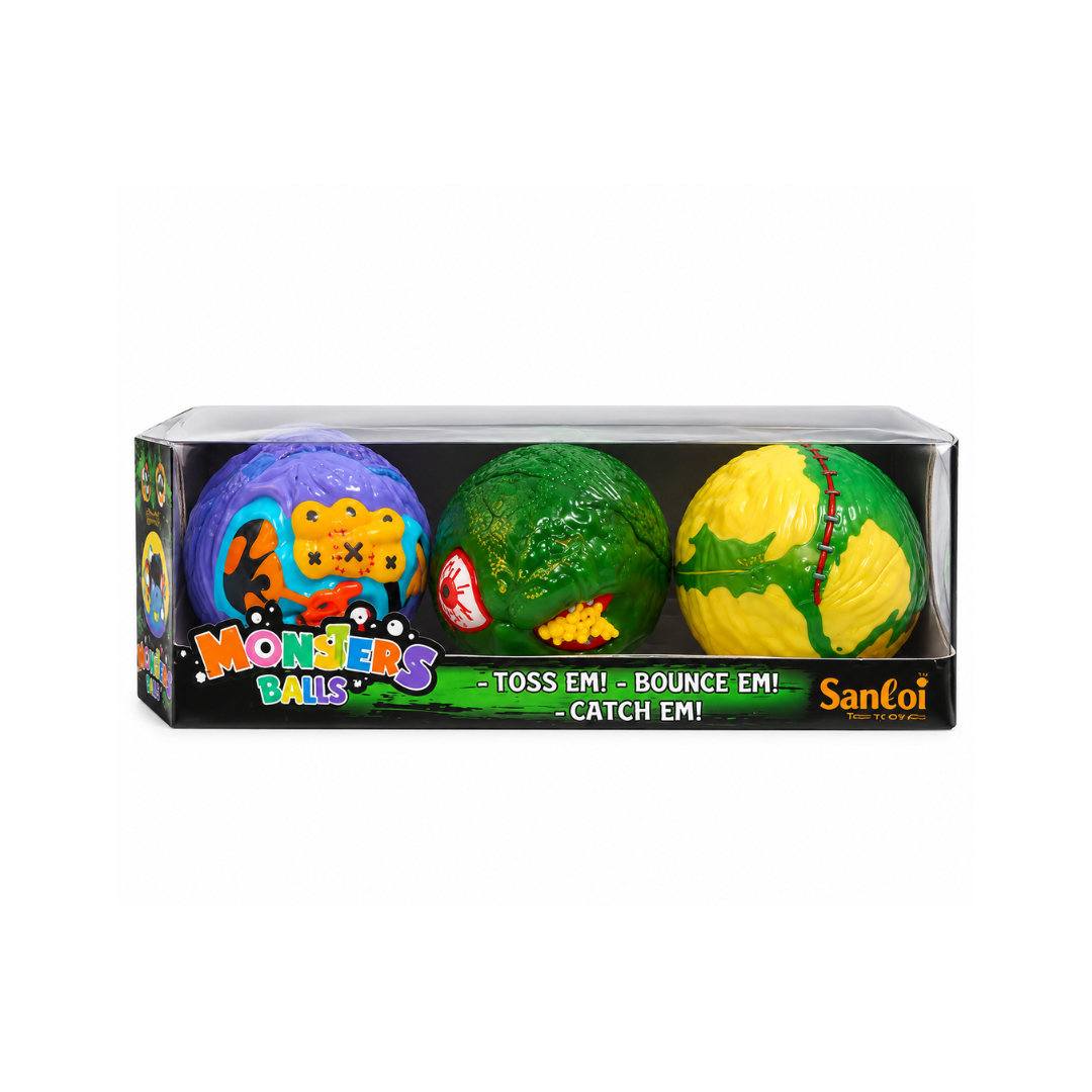 Santoi Monster Balls – Set of 3 Assorted Monster Design Balls | Toss, Bounce & Catch Soft Balls for Kids