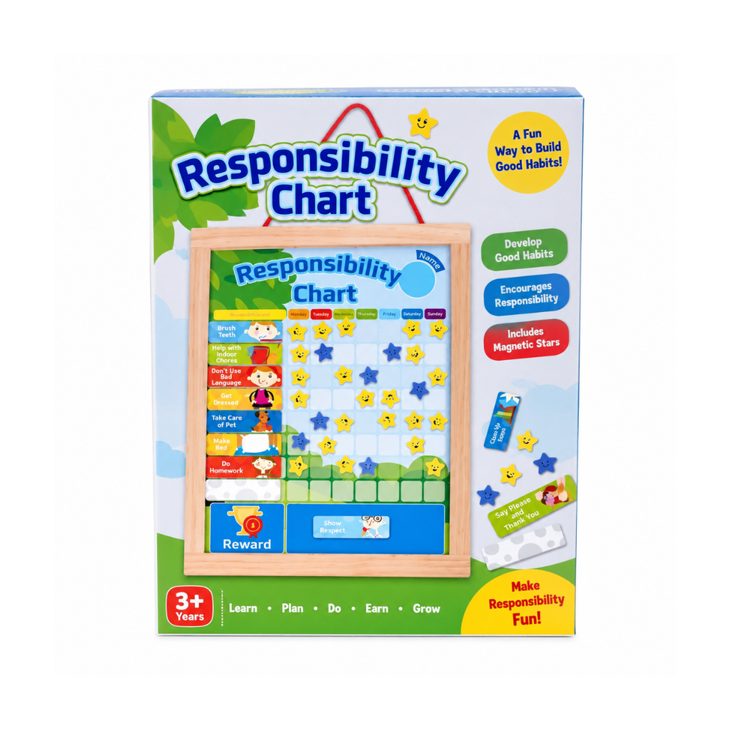 Kids Wooden Responsibility & Reward Chart with Star Magnets – Daily Routine & Good Habits Learning Board