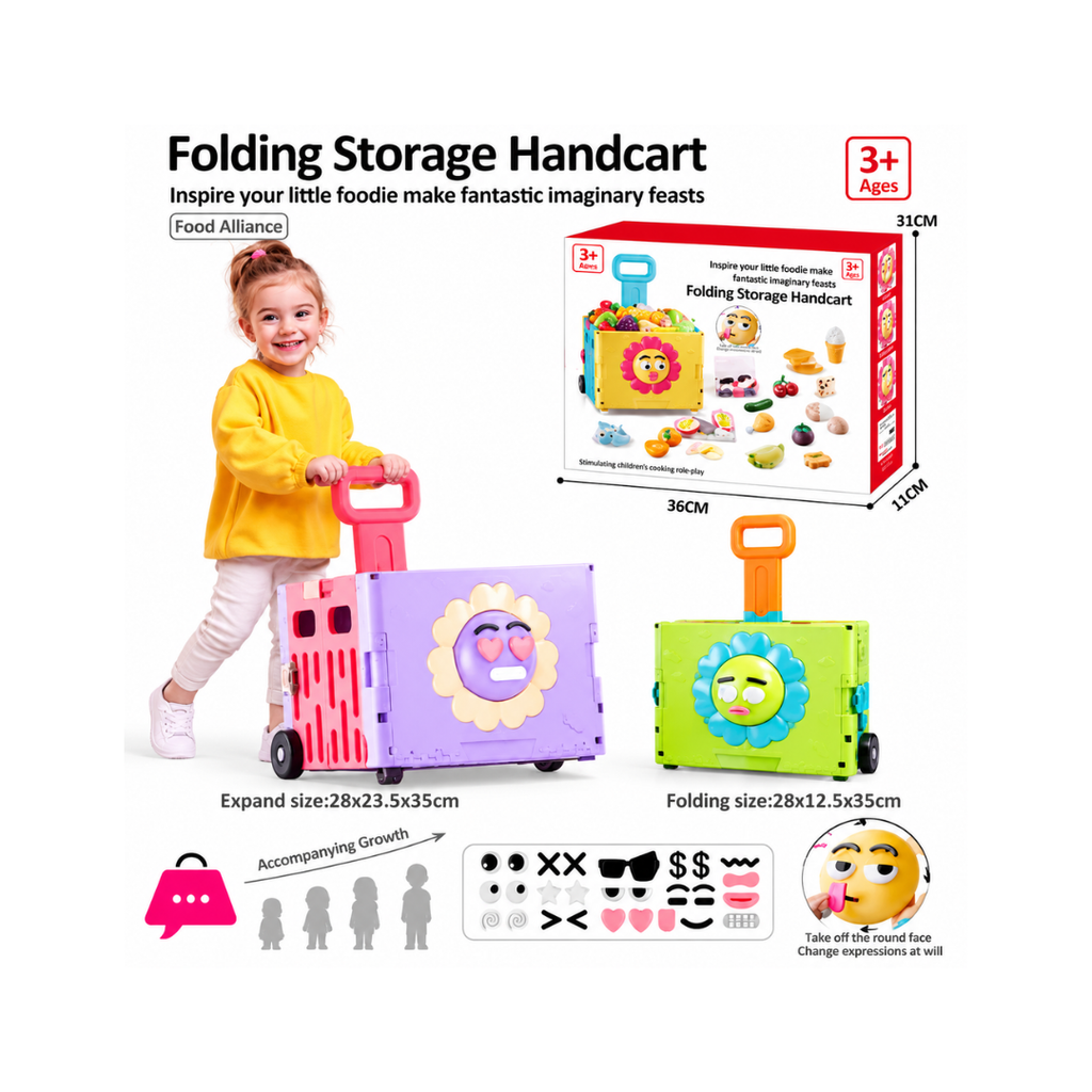 Rainbow Toys Folding Storage Handcart Toy for Kids with Pretend Food Accessories, Expandable Suitcase & Pull Handle