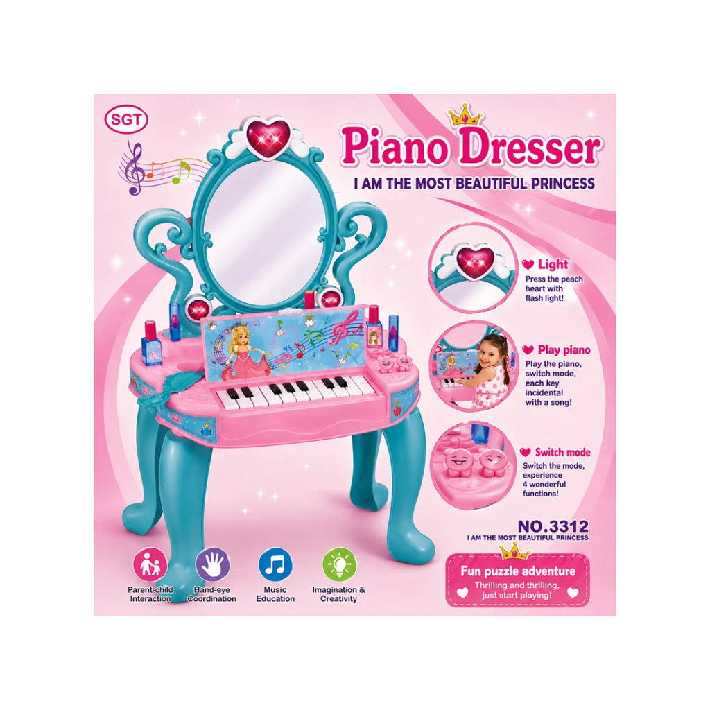SGT Princess Piano Dresser Vanity Set with Mirror, Lights & Musical Keyboard – No. 3312