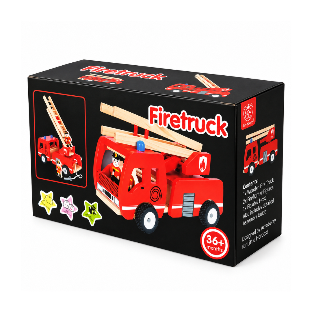 Wooden Fire Engine Toy Truck with Retractable Ladder & Wooden Firemen - Montessori Pretend Play Toy (3+ Years)
