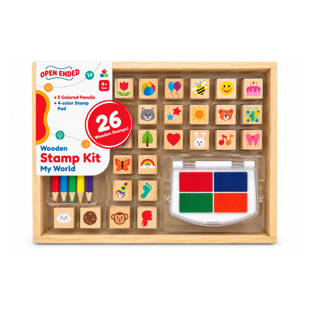 Open Ended My World Wooden Stamp Kit – 26 Stamps with Colour Pencils & Stamp Pad