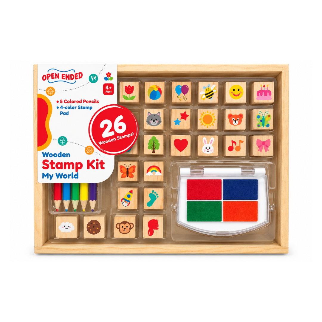 Open Ended My World Wooden Stamp Kit – 26 Stamps with Colour Pencils & Stamp Pad