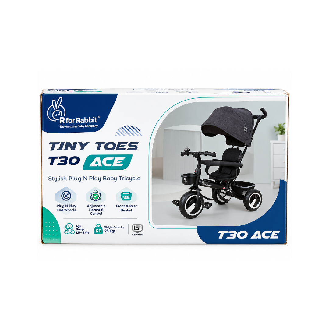 R for Rabbit Tiny Toes T30 Ace Baby Tricycle with Canopy & Adjustable Parental Control Grey