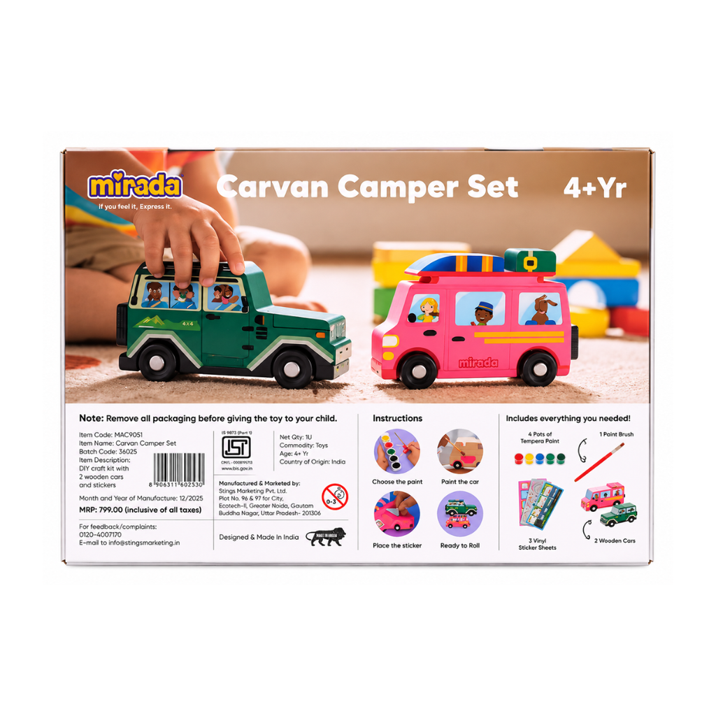 Mirada DIY Caravan Camper Wooden Car Painting Set – 2 Pcs Pine Wood Craft Kit with Paints
