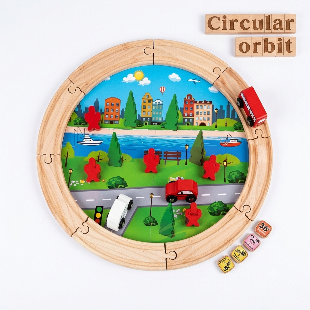 "Circular Orbit" Premium Wooden City Train Track Set with Vehicles - Educational Montessori Toy for Kids (3+ Years)