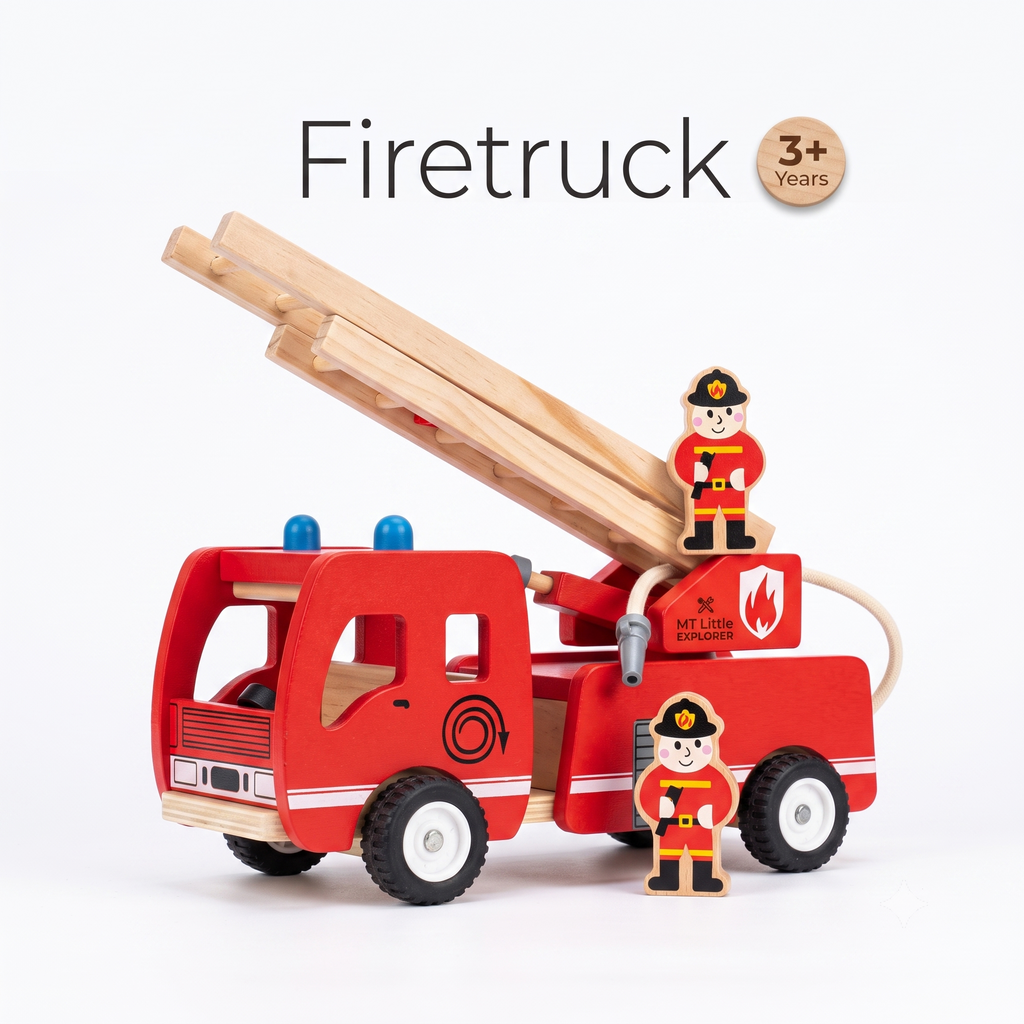 Wooden Fire Engine Toy Truck with Retractable Ladder & Wooden Firemen - Montessori Pretend Play Toy (3+ Years)