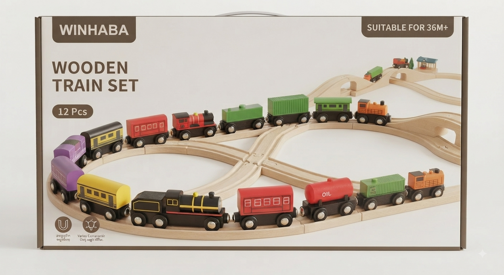 WINHABA Wooden Train Set - 12 Piece Educational Toy for Toddlers