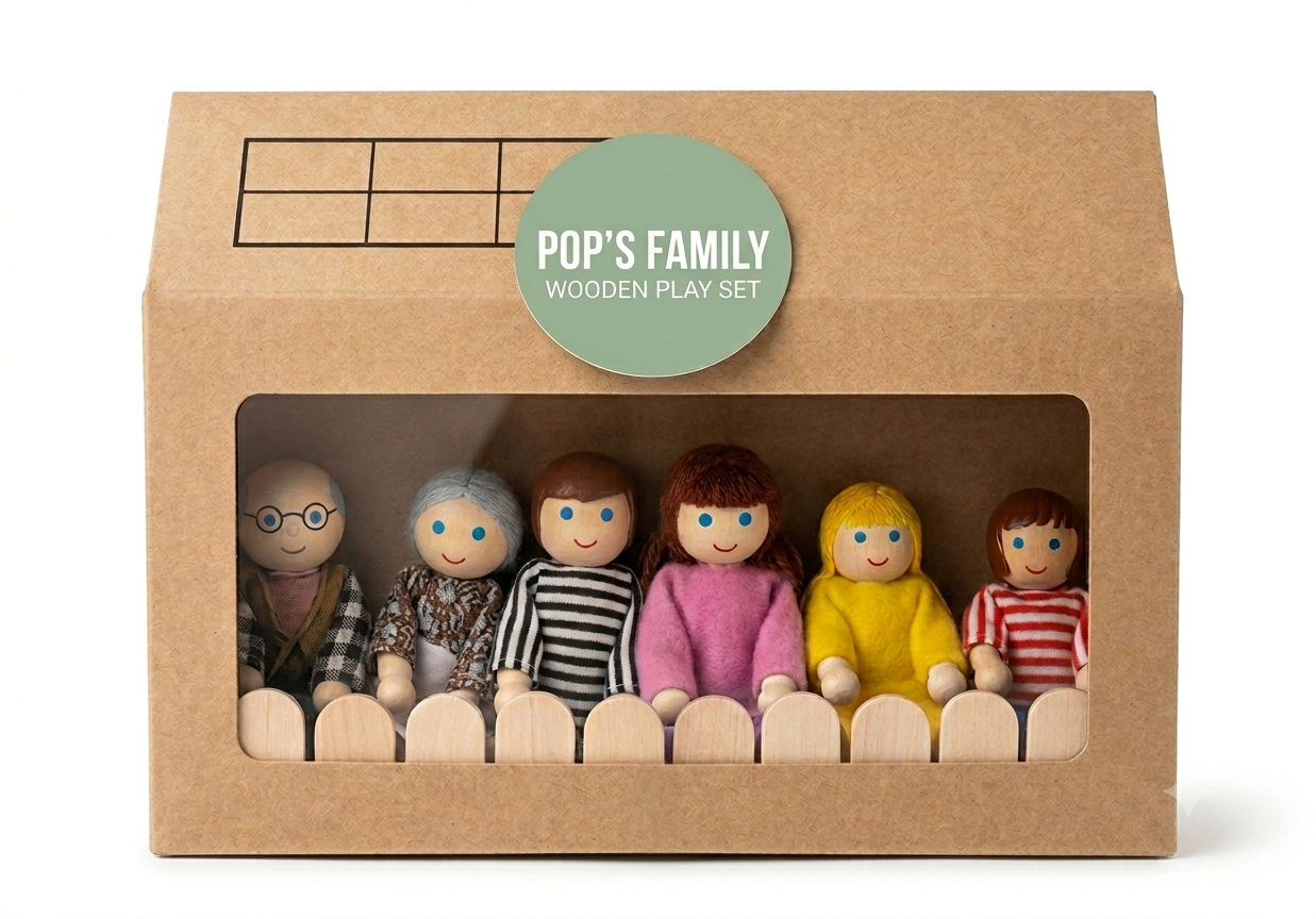 Playblox Pop's Family Wooden Doll Set – 6-Piece Handcrafted Eco-Friendly Wooden Family Playset