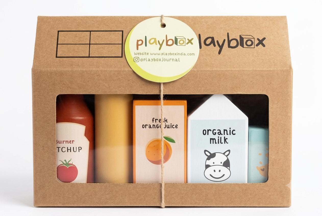 Playbox Wooden Kitchen Grocery Play Set with House Packaging Box