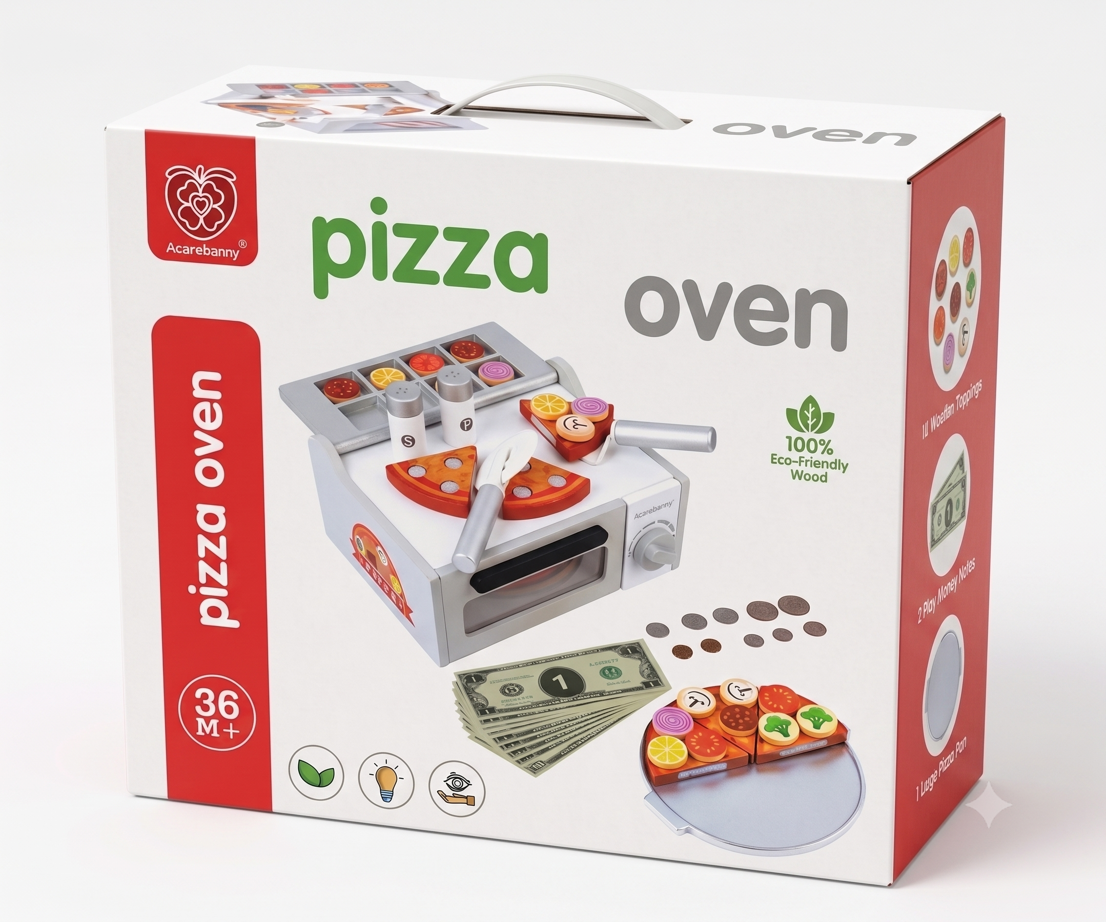 Acarebanny Wooden Pizza Oven Counter Play Set with Play Money & Toppings - Kids Pretend Play Kitchen Toy (36M+)