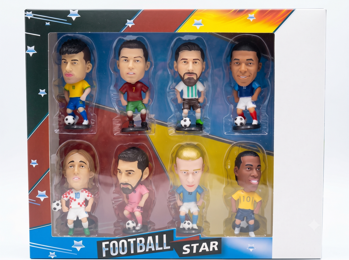 Football Star Players Mini Figurine Set – 8 Pcs Soccer Player Collectible Figures with Football
