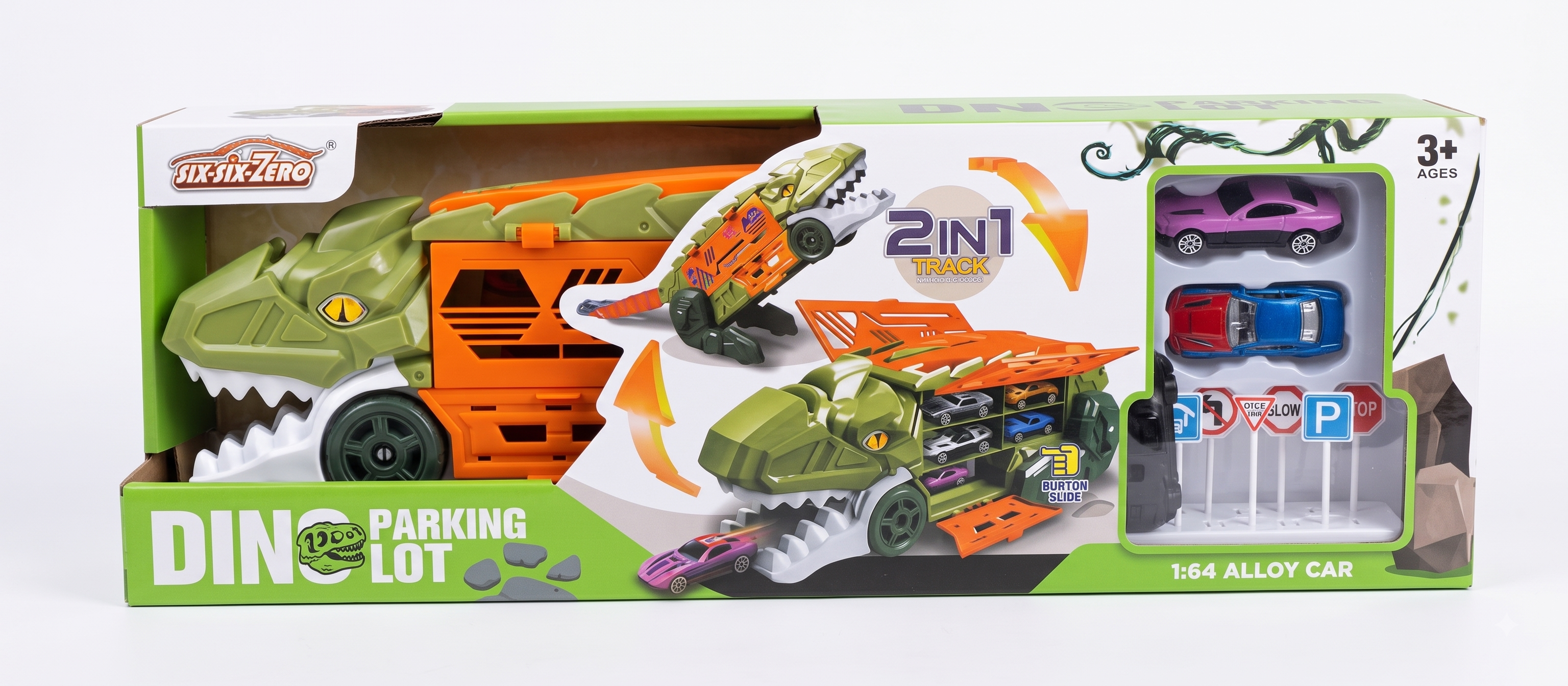 Dino Parking Lot 2-in-1 Transforming Dinosaur Car Carrier Truck Playset with Alloy Cars