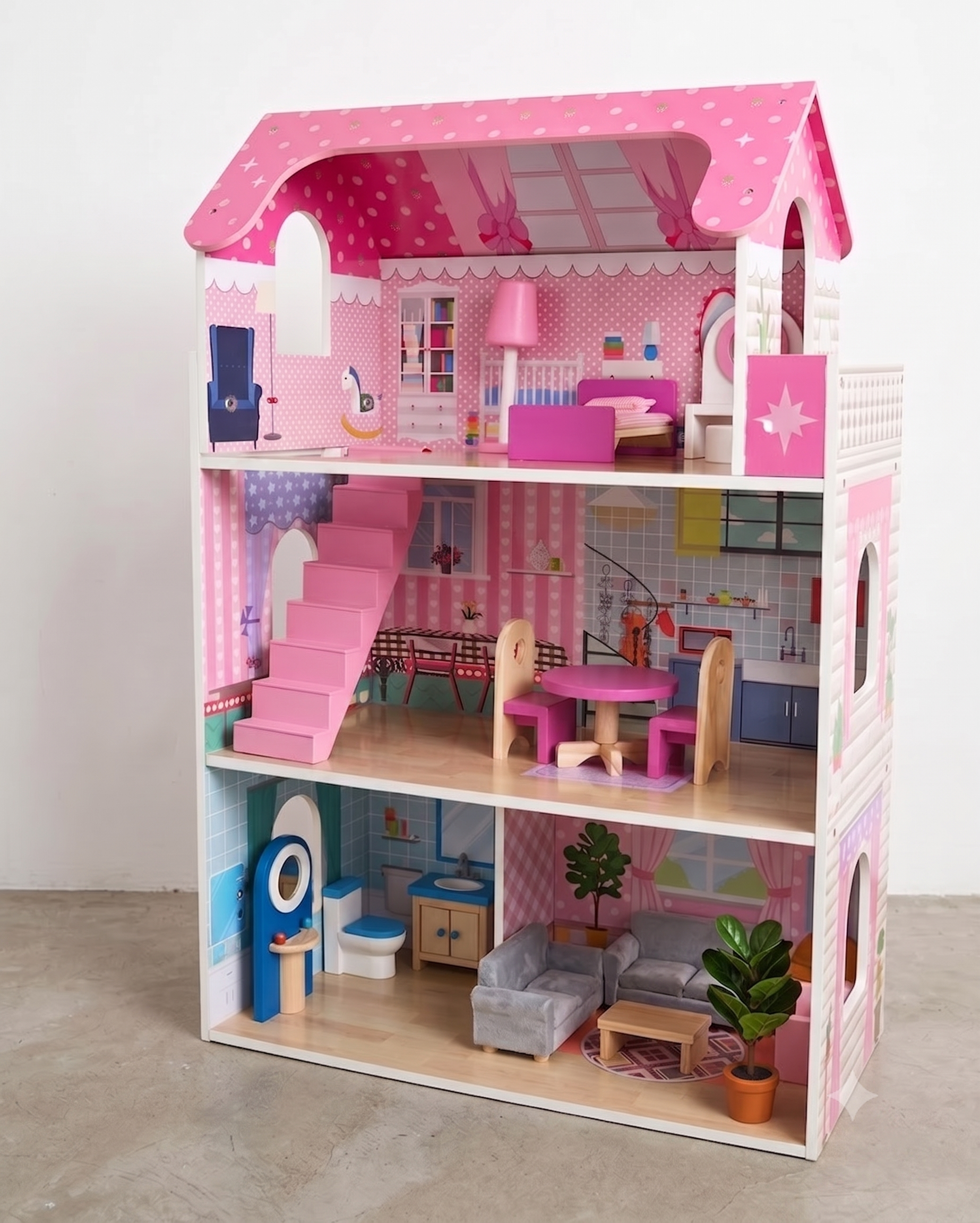 Rainbow Toys Pink Doll Room Wooden Dollhouse with Furniture Set for Kids