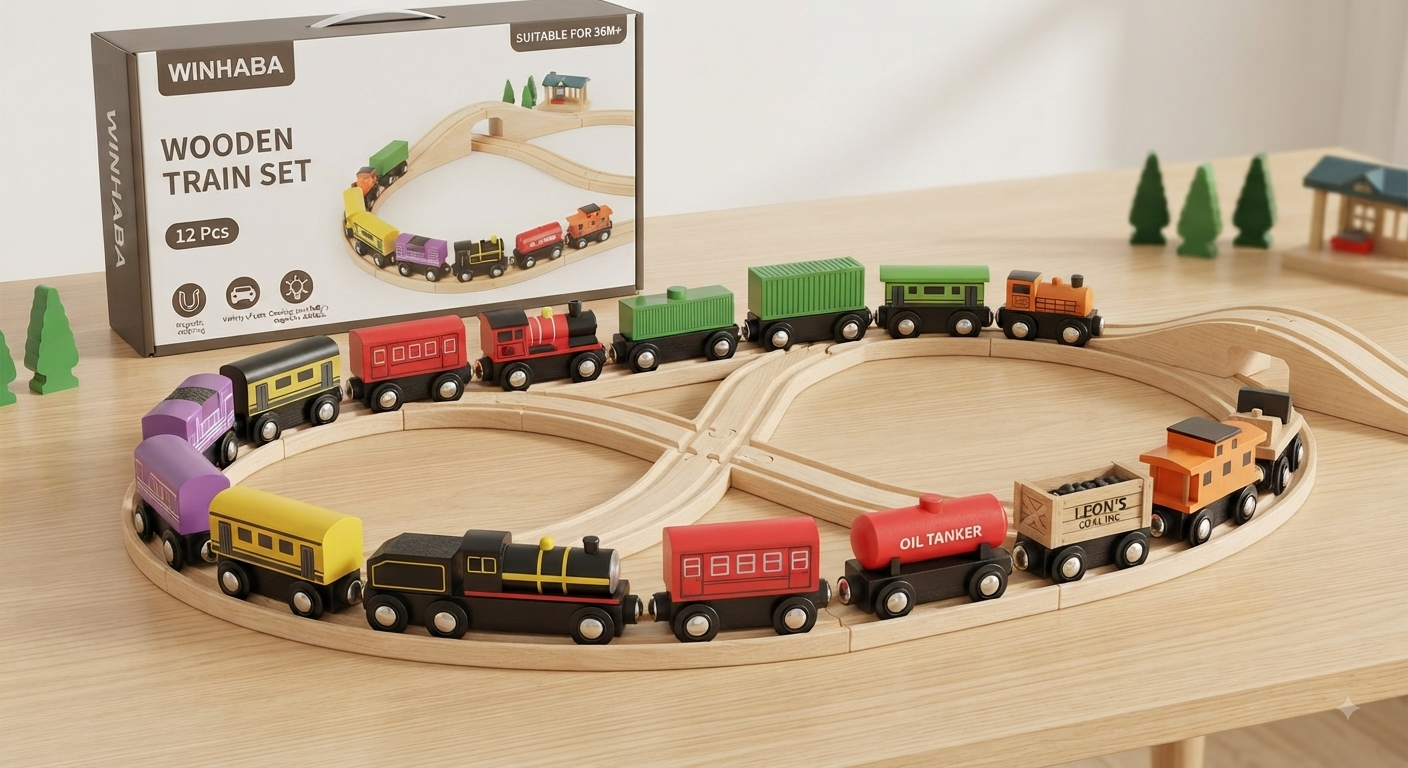 WINHABA Wooden Train Set - 12 Piece Educational Toy for Toddlers
