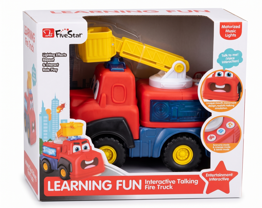 FiveStar Interactive Talking Fire Truck Toy with Moving Mouth, Music & Rescue Crane