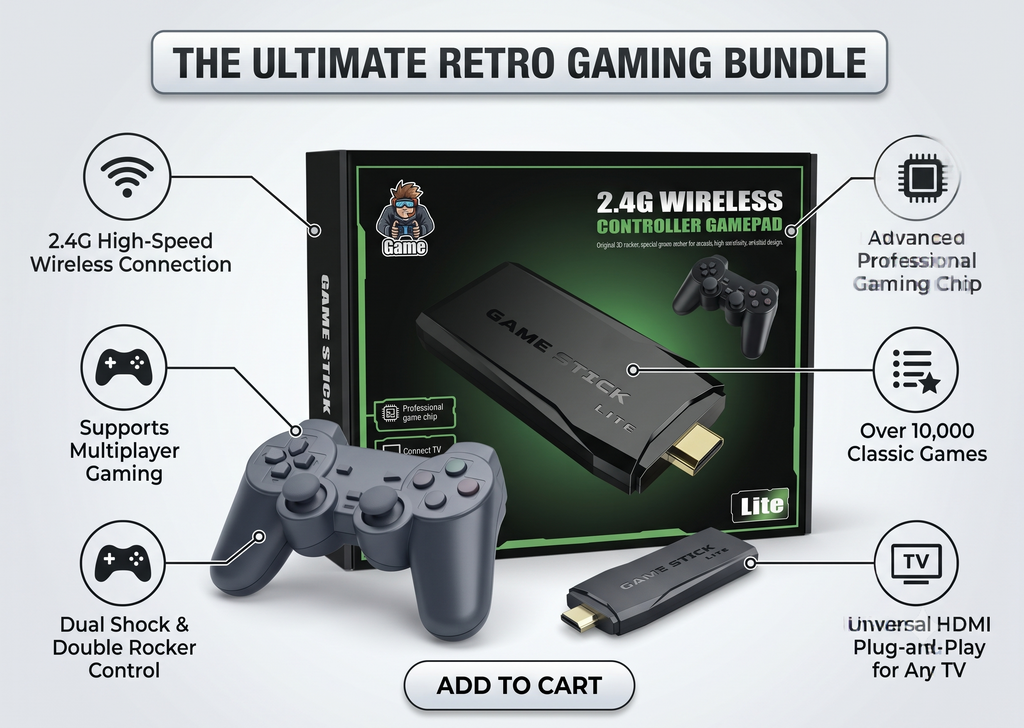 4K Ultra HD Game Stick with 2.4G Wireless Dual Controllers, 10,000+ Games Support