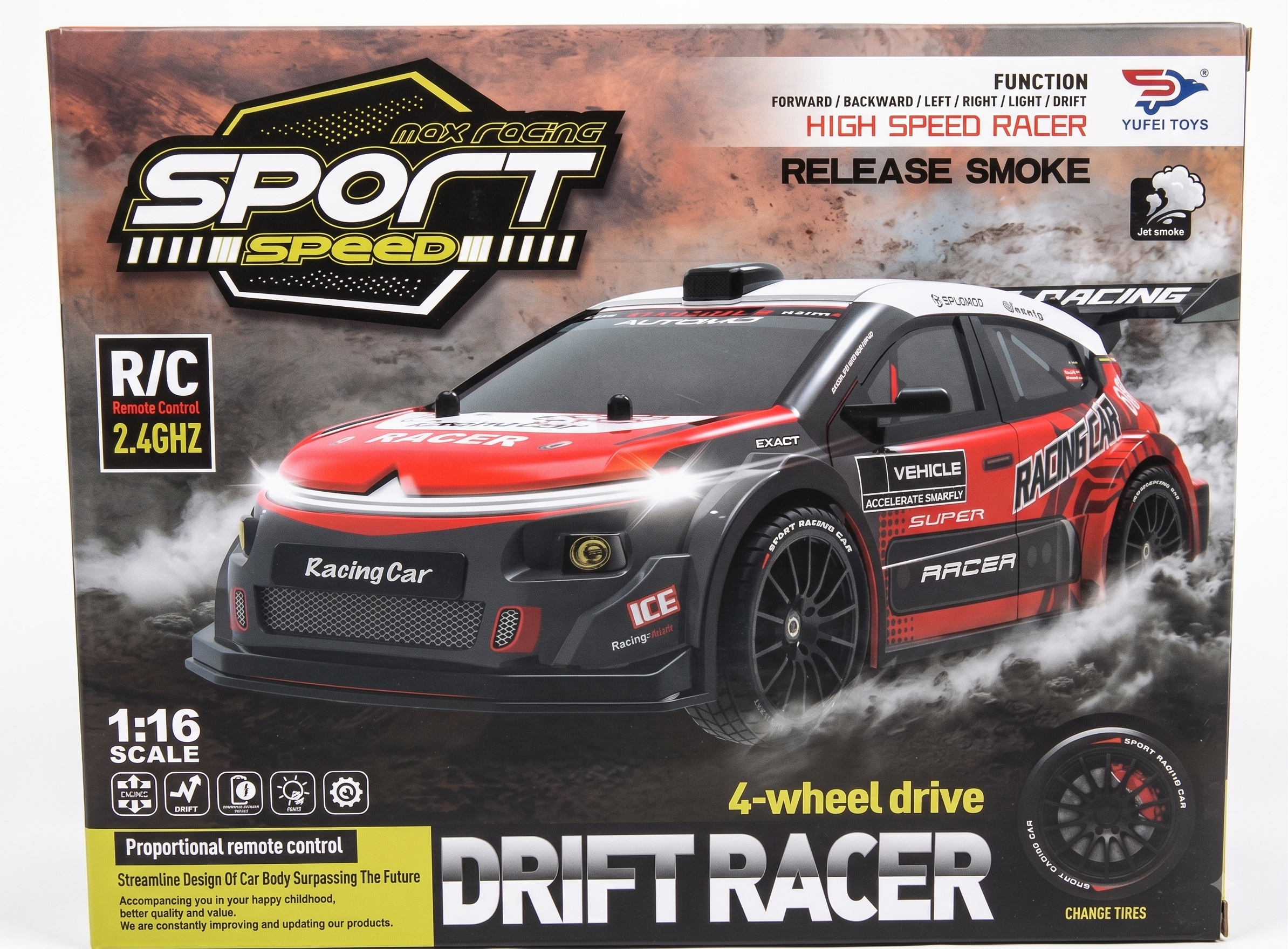 Yufei Toys 1:16 RC Drift Racer Car with Smoke Effect, Lights & 4-Wheel Drive