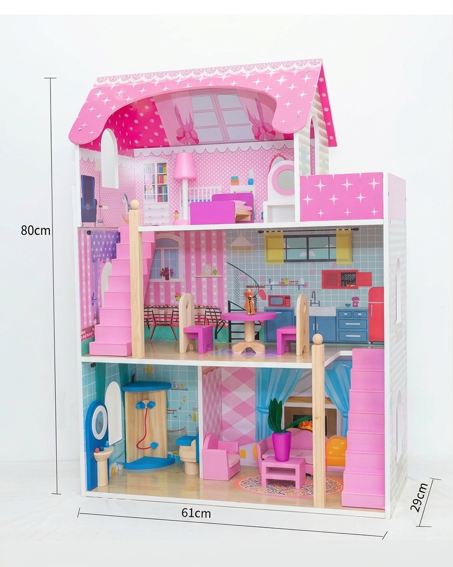 Rainbow Toys Pink Doll Room Wooden Dollhouse with Furniture Set for Kids