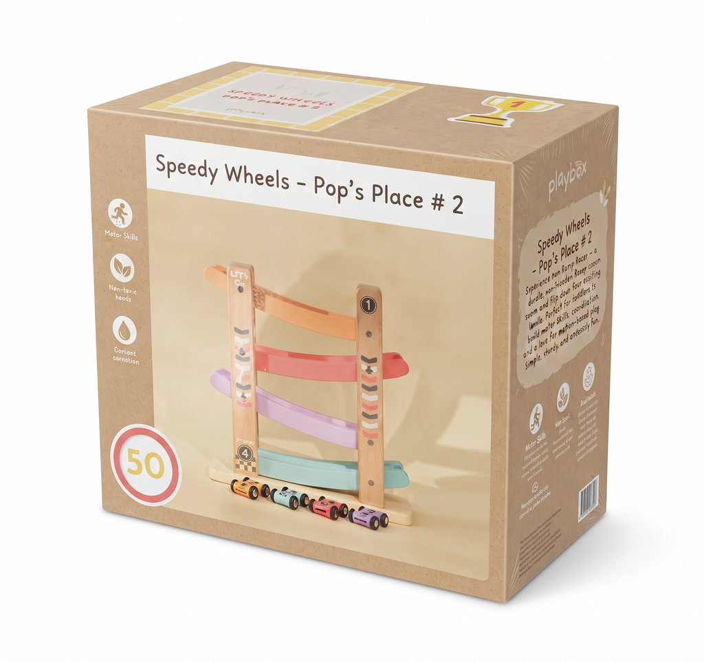 Playbox Speedy Wheels Pop's Place  – Wooden Ramp Racer Toy with Mini Cars for Toddlers