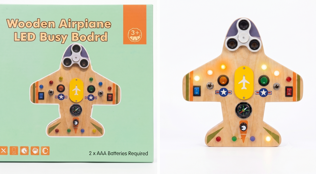 Wooden Montessori Airplane LED Busy Board Activity Toy