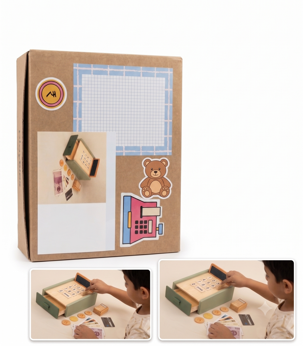 Playblox Funny Money Wooden Cash Register Playset – Interactive Cashier Toy with Wooden Coins, Pretend Currency Notes, Credit Card & Pull-Out Drawer for Toddlers
