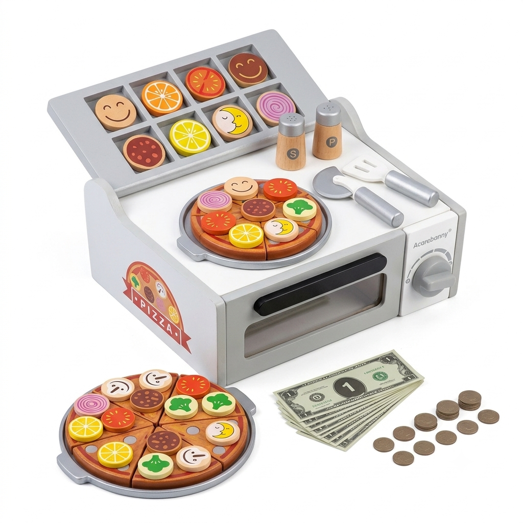 Acarebanny Wooden Pizza Oven Counter Play Set with Play Money & Toppings - Kids Pretend Play Kitchen Toy (36M+)