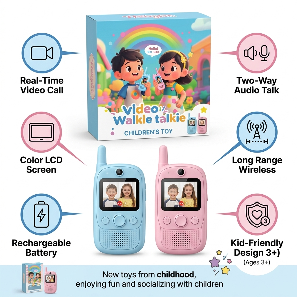 Kids Video Call Walkie Talkie Toy Set with Photo Display – Blue & Pink